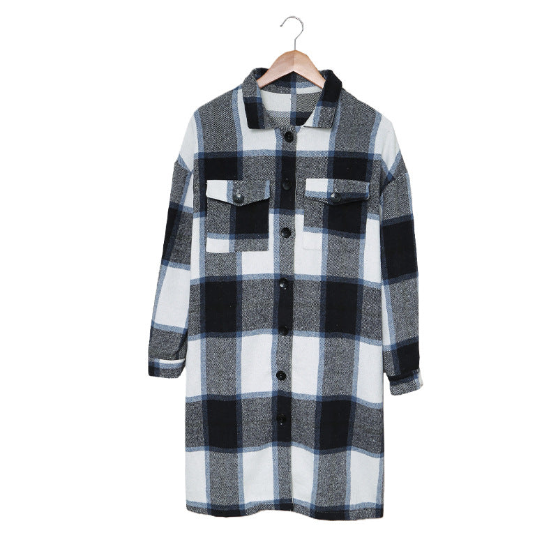 elveswallet Lapel Knit Long casual Tweed Plaid Jacket