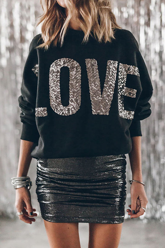 elveswallet Bat sleeve sequin LOVE black sweatshirt