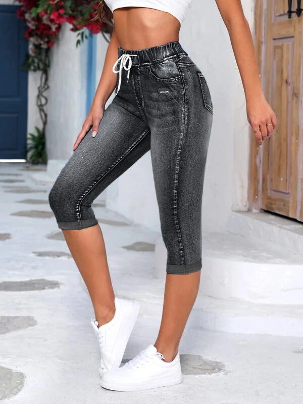 elveswallet Elastic Waist Distressed High-Elasticity Denim Capri Pants