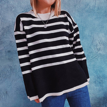 elveswallet Loose Striped Contrast Slit Crewneck Sweater