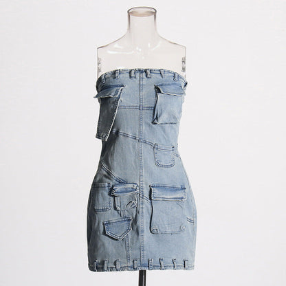 2000s dti Personalized Street Denim Hip Skirt  Spring New Solid Color Stitching Multi-Pocket Tube Top High Waist Dress Women