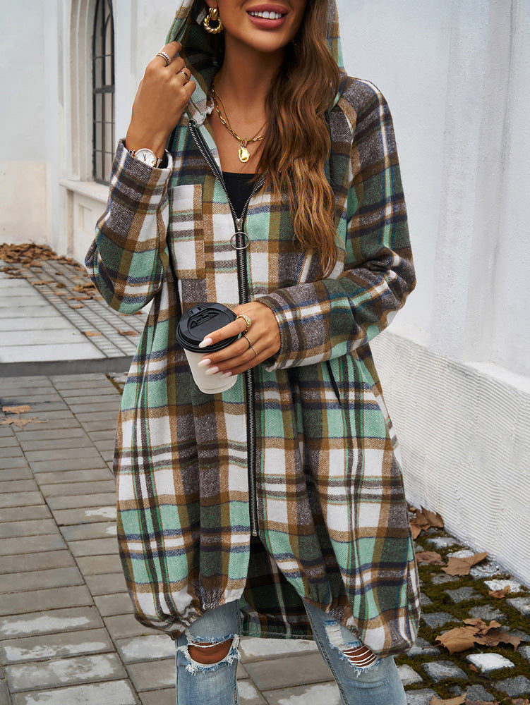 elveswallet Loose Contrast Plaid Zipper Hooded Long Jacket