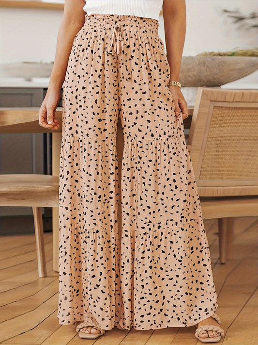 elveswallet Leopard Print Ruffle Hem Loose Wide Leg Pants