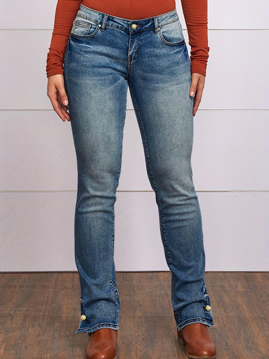 elveswallet Button Side Split Embroidery Patch Pocket Bootcut Jeans