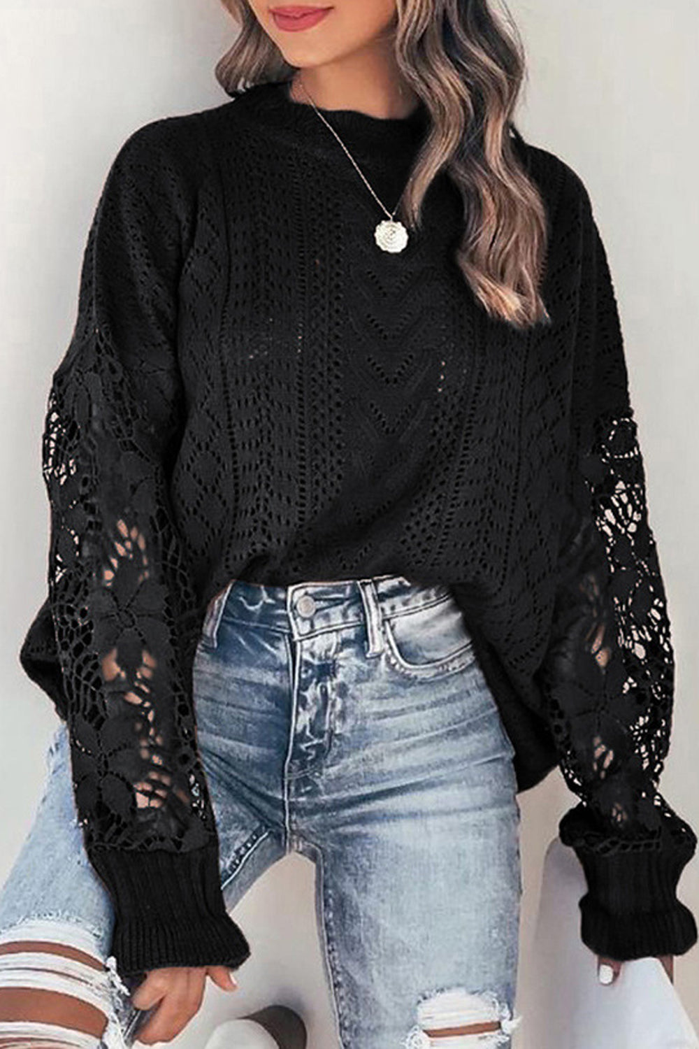 elveswallet Crochet Lace Pointelle Knit Sweater