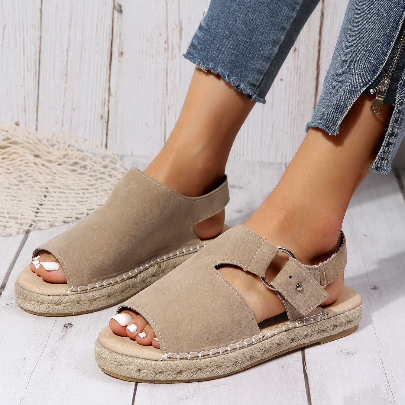 elveswallet Flat Open Toe Linen Bottom Vintage Sandals