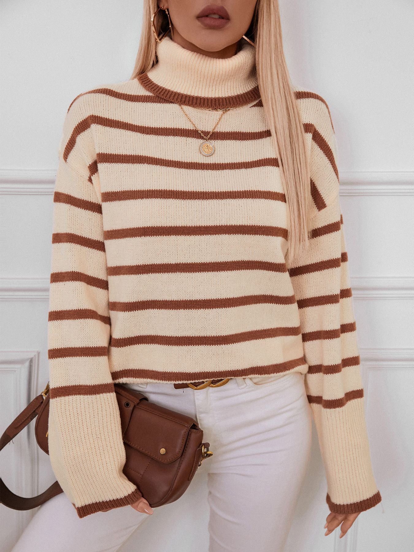 elveswallet Loose Fitted Turtleneck Striped Knit Sweater