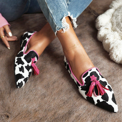 elveswallet Pointed-toe Fringe Leopard Contrast Mules