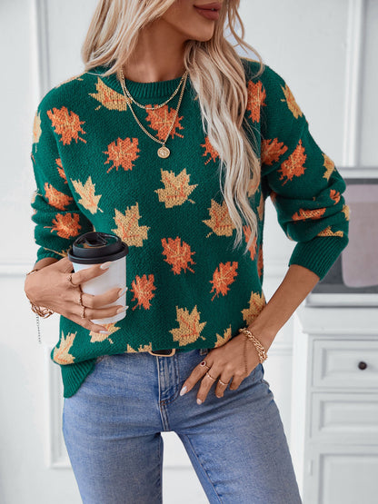 elveswallet Maple Leaf Jacquard Casual Pullover Sweater