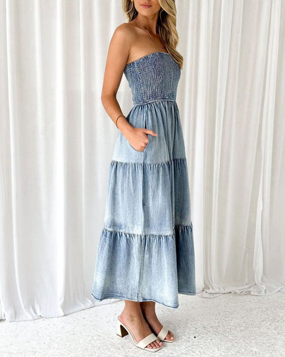 elveswallet Sleeveless Strapless Side Slit Layered Denim Dress with