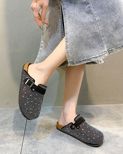 elveswallet Embellished Rhinestone Closed-Toe Cork Slippers