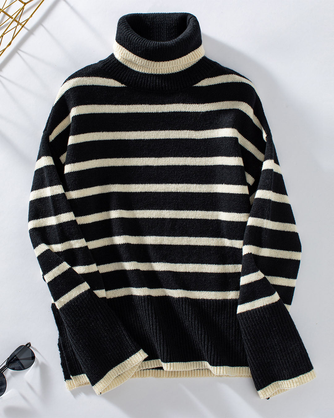 elveswallet Loose Fitted Turtleneck Striped Knit Sweater