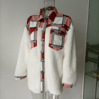 elveswallet Plaid Print Plush Patchwork Contrast Jacket