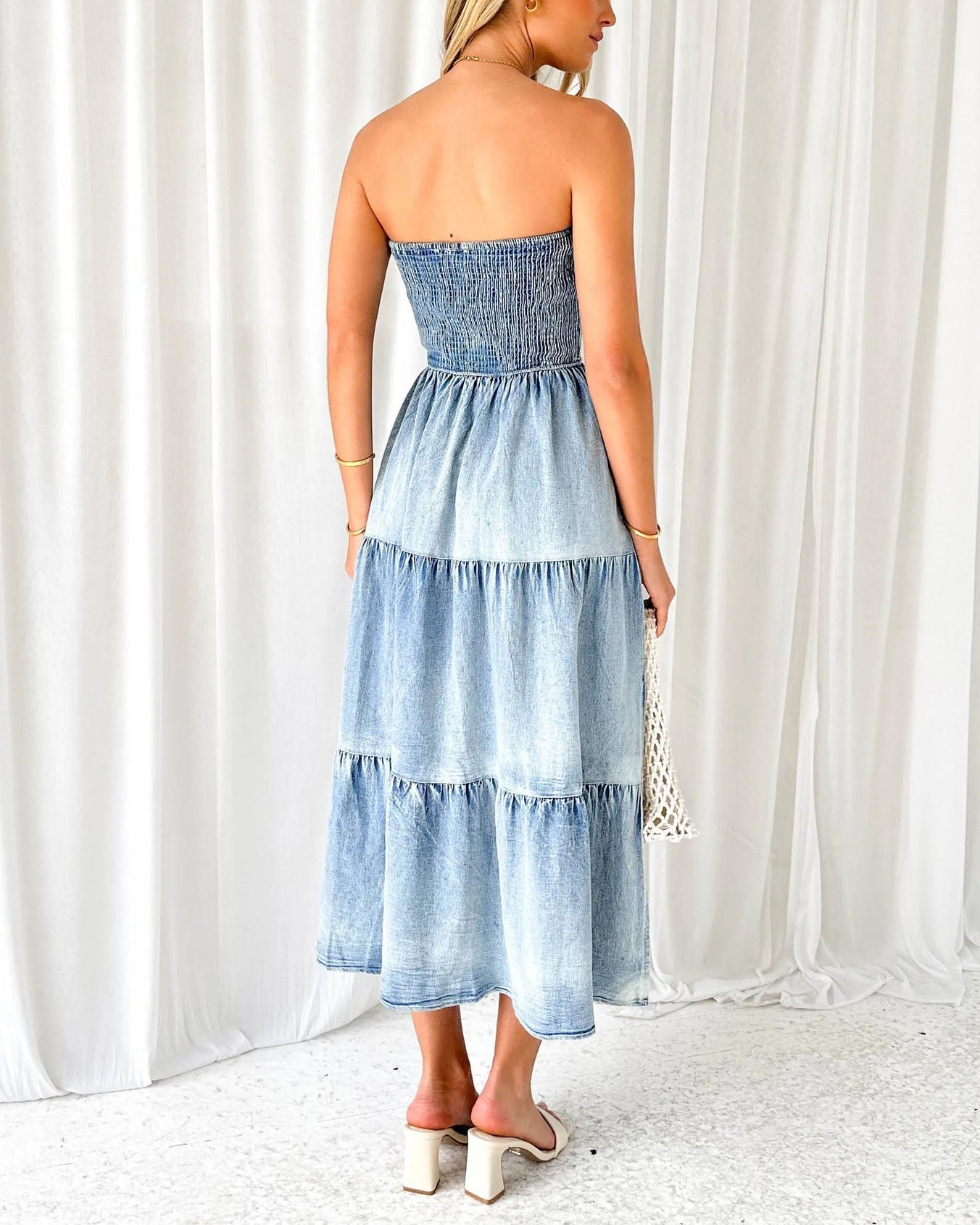 elveswallet Sleeveless Strapless Side Slit Layered Denim Dress with