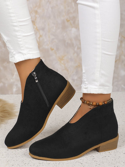 elveswallet Side zipper round toe suede square heel ankle boots