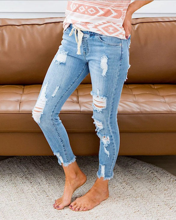 elveswallet Elastic Waist With Drawstring Distressed Denim Capri Pants