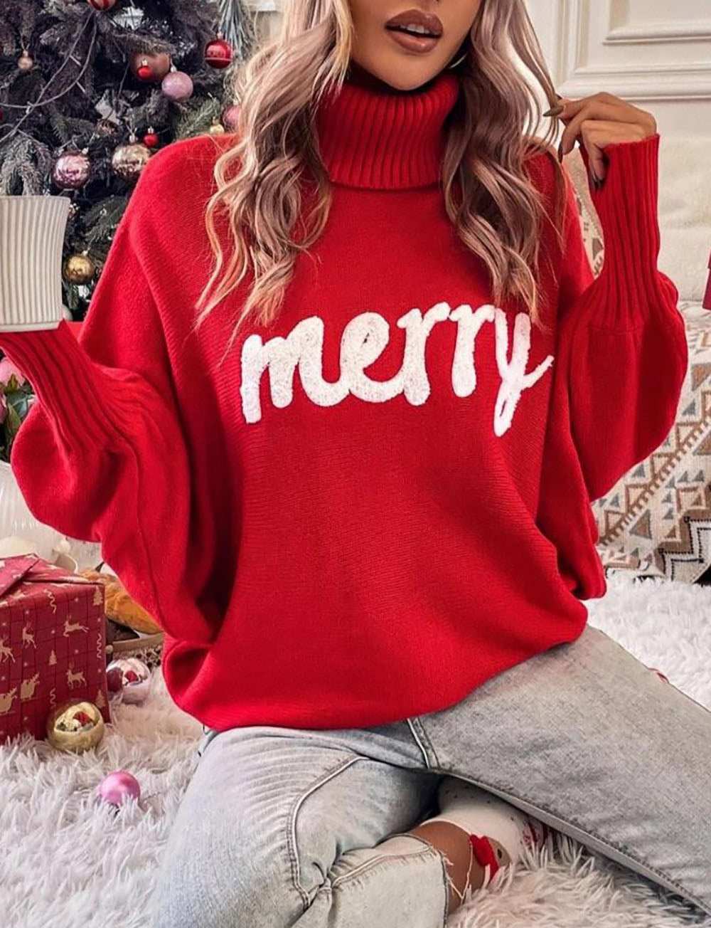 elveswallet Merry Holiday turtleneck bat sleeve sweater