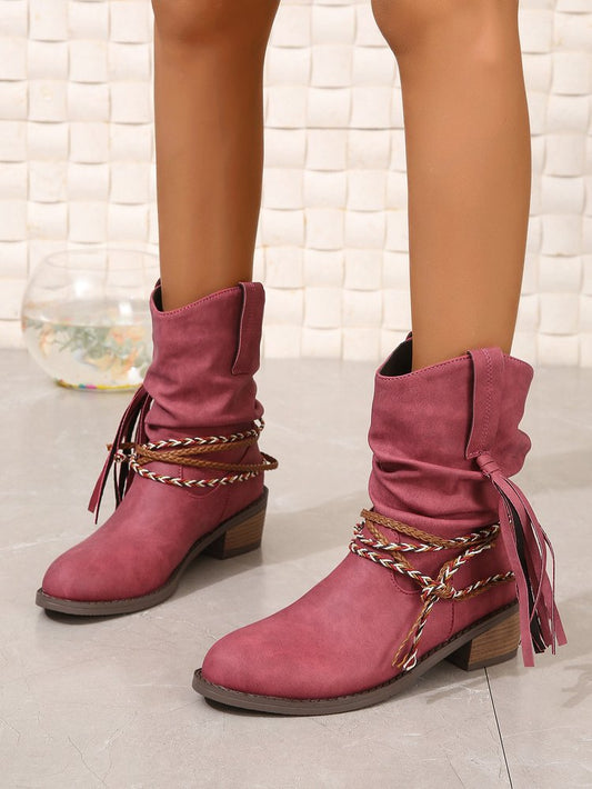 elveswallet Braided straps tassel mid-calf boots