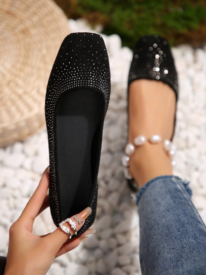 elveswallet Diamond-studded black matte round-toe flat shoes