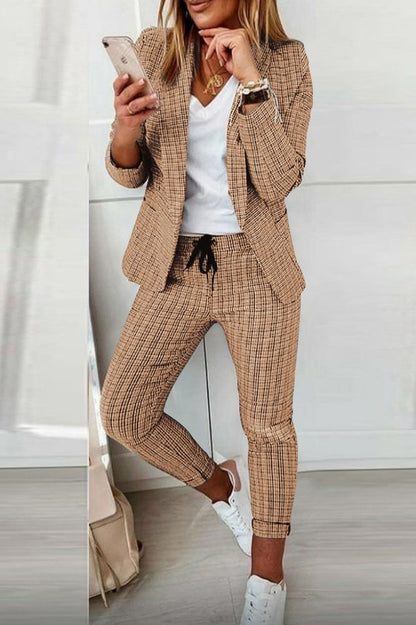 elveswallet Lapel Neck Plaid Blazer Coat & Drawstring Pants Set