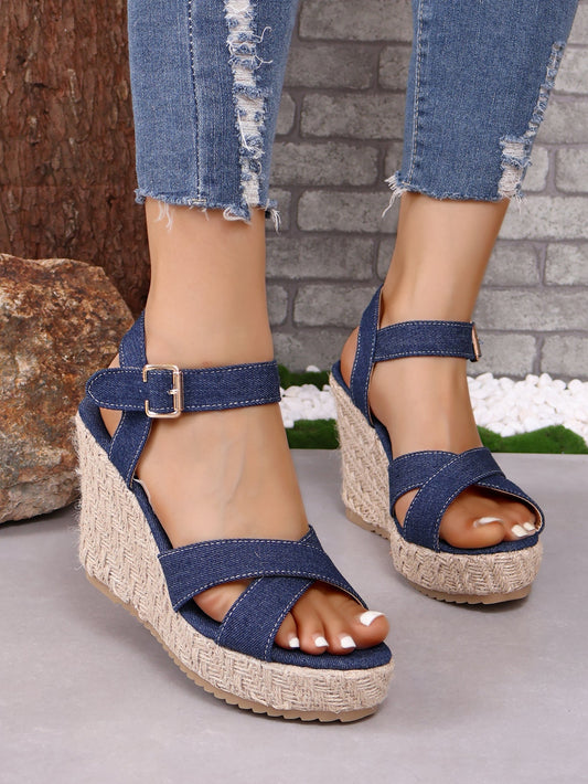 elveswallet Denim open toe cross strap espadrilles wedge sandals