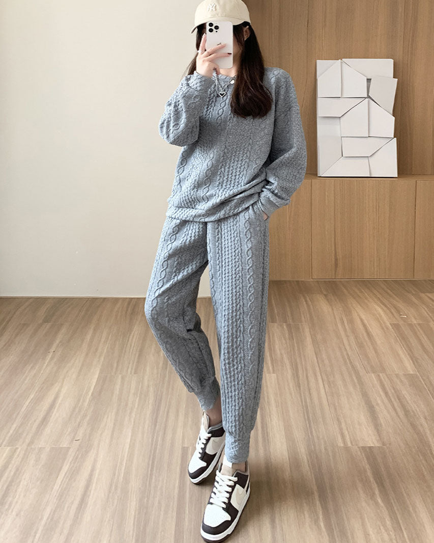 elveswallet Long Sleeve Sweatshirt & Dual Pockets Pants Textured Two-piece Set