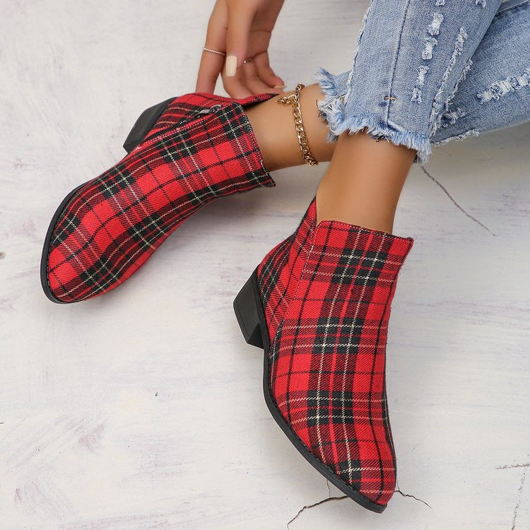 elveswallet Plaid red and black color block round toe denim shoes