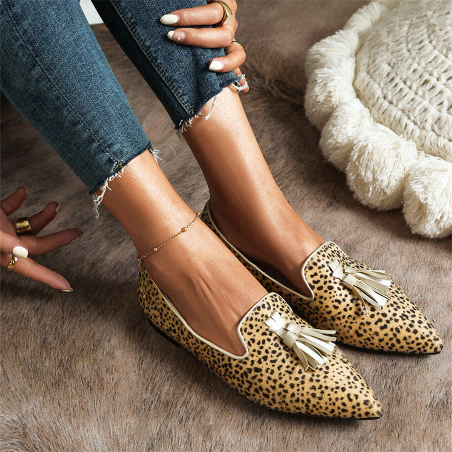 elveswallet Pointed-toe Fringe Leopard Contrast Mules