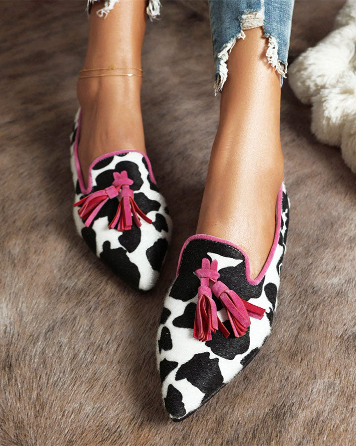 elveswallet Pointed-toe Fringe Leopard Contrast Mules