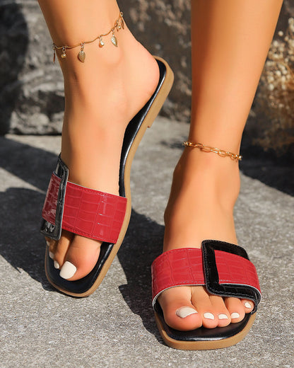 elveswallet Patent Leather Color Block Square-Toe Flat Sandals