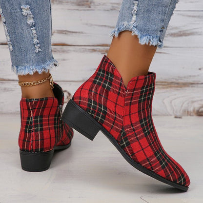 elveswallet Plaid red and black color block round toe denim shoes