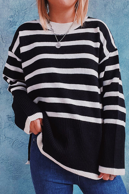 elveswallet Loose Striped Contrast Slit Crewneck Sweater