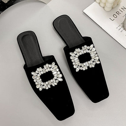 elveswallet Elegant Crystal Square Toe Mules Flat Slippers