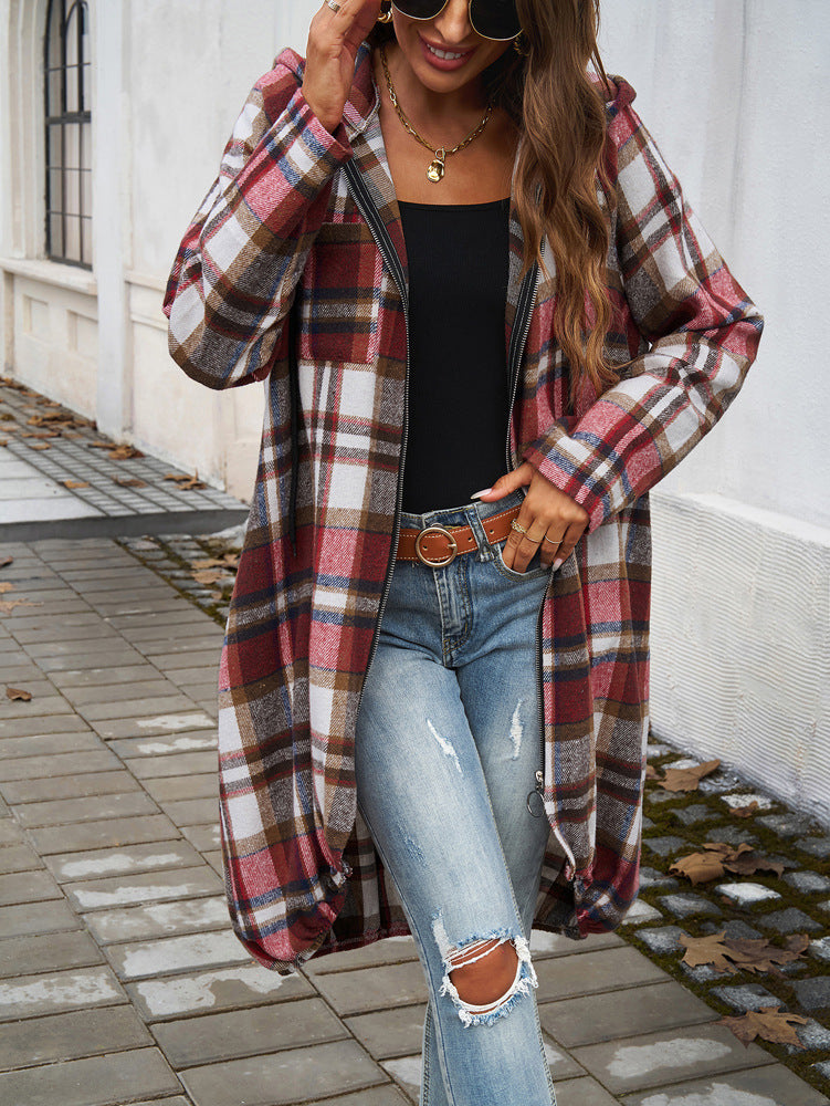 elveswallet Loose Contrast Plaid Zipper Hooded Long Jacket