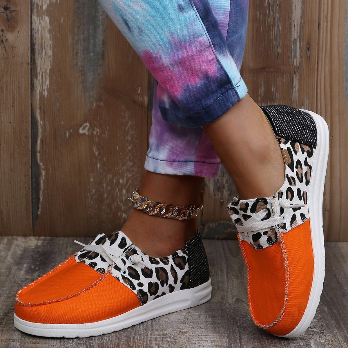 elveswallet Color-block Lace-up Canvas Flat Shoes