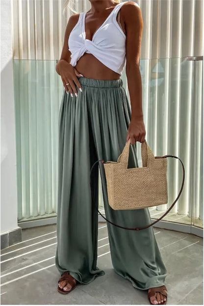 elveswallet Elastic waistband high waist pleated wide leg pants