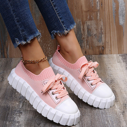 elveswallet Colorblock Platform Fly knit Lace-up Sneakers