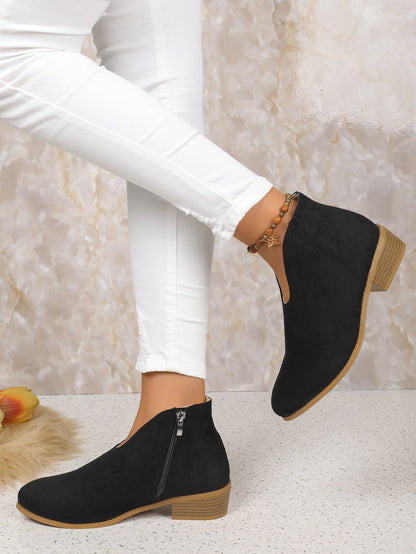 elveswallet Side zipper round toe suede square heel ankle boots