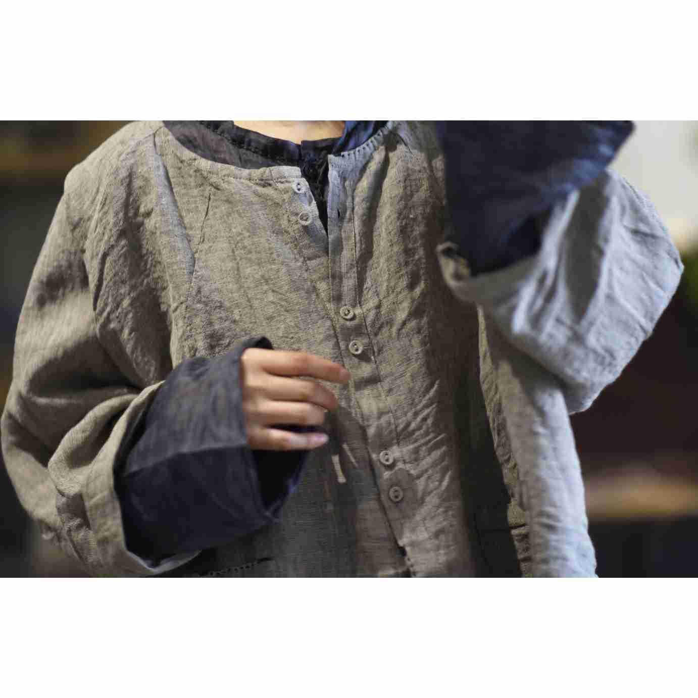 ELVESWALLET 2025 23/2 Ah Sheng, literary and retro yarn-dyed linen cardigan, double-button collarless shirt