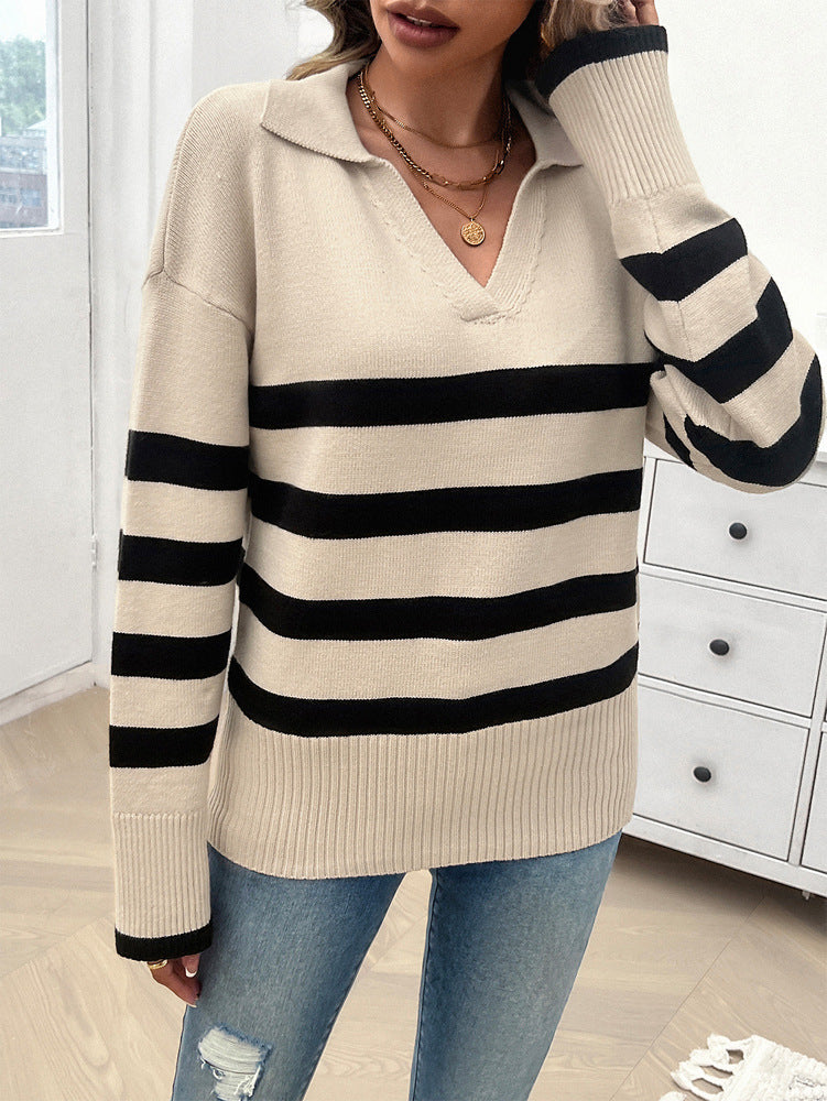 elveswallet Loose-fitting striped lapel knitted sweater