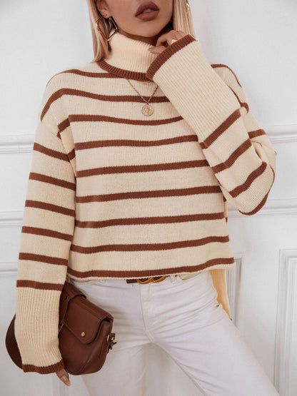 elveswallet Loose Fitted Turtleneck Striped Knit Sweater