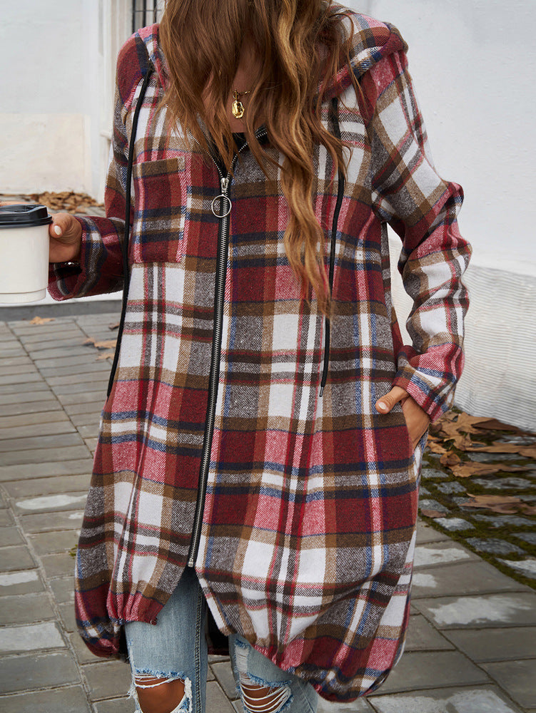 elveswallet Loose Contrast Plaid Zipper Hooded Long Jacket