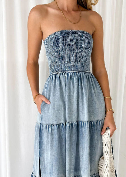 elveswallet Sleeveless Strapless Side Slit Layered Denim Dress with