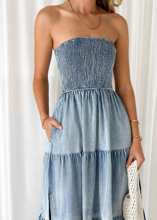 elveswallet Sleeveless Strapless Side Slit Layered Denim Dress with