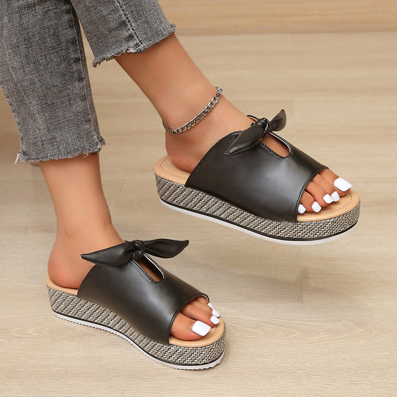 elveswallet Colorblock Bows Lightweight Platform Slippers