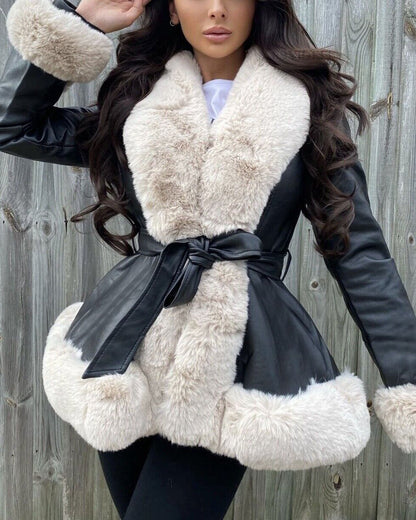 elveswallet Large fur collar lace-up waist stitching PU leather jacket