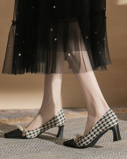 elveswallet Pearl-Embellished Chunky Heel Plaid Velvet Shoes