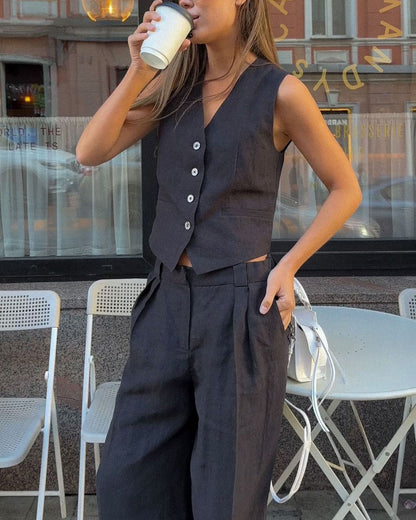 elveswallet Comfortable linen sleeveless vest and low-rise pants set