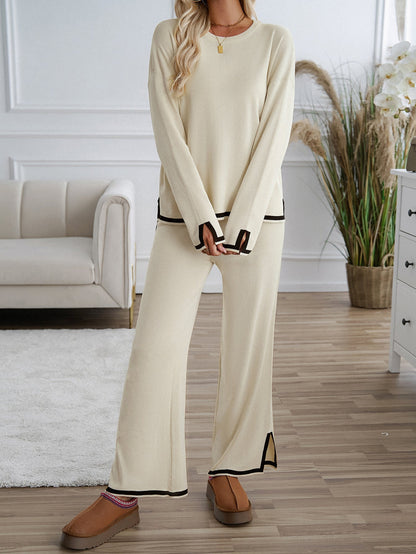 elveswallet Contrasting trim Solid color knitted sweater and pants set