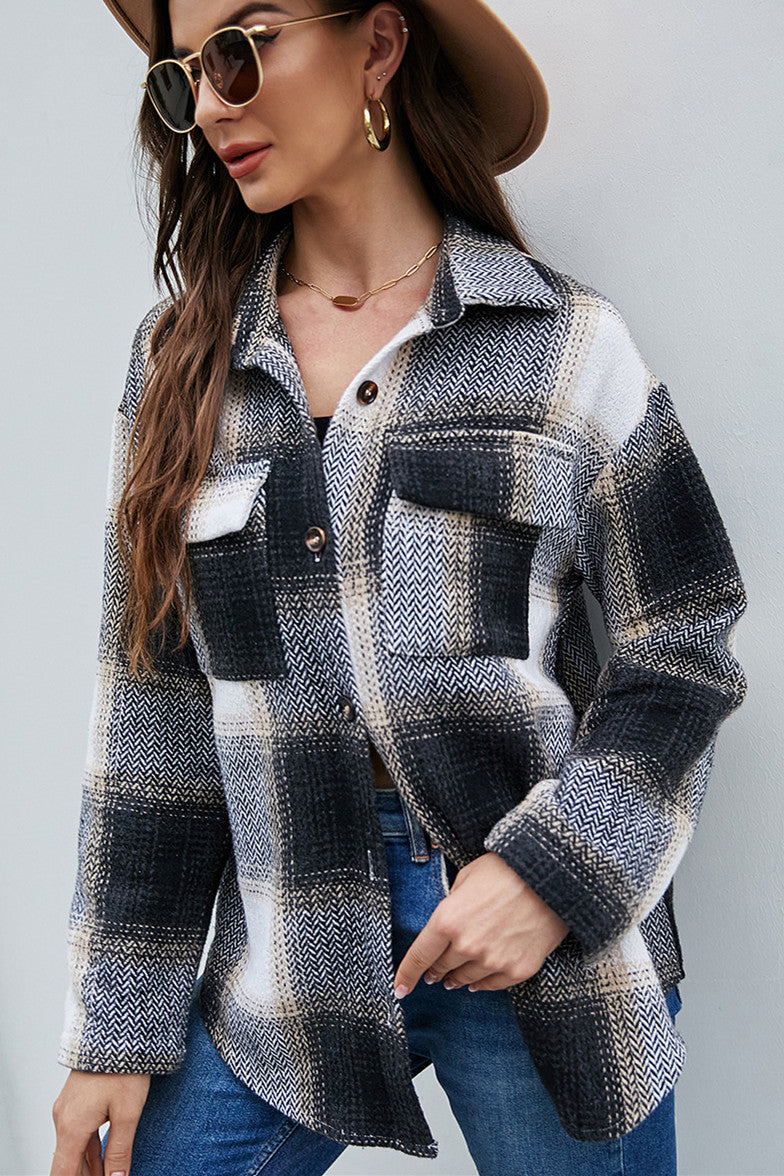 elveswallet Single-breasted Coarse Woven Plaid Shirt Jacket